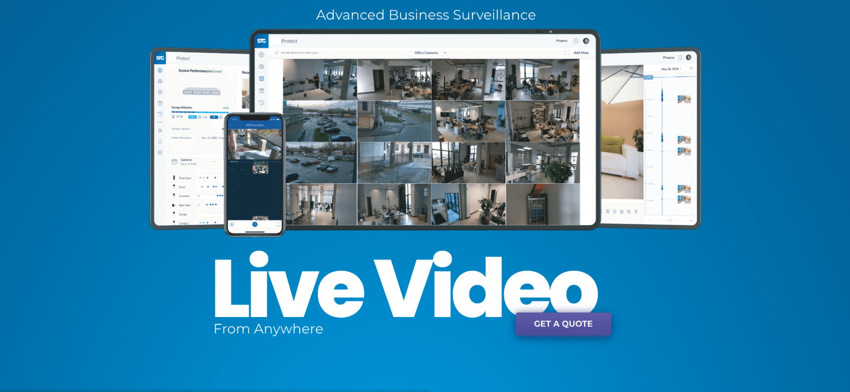 STG advanced surveillance platform showing live video feeds from multiple security cameras on desktop, tablet and mobile devices